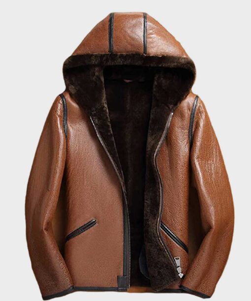 Mens Genuine Leather Shearling Hooded Jacket