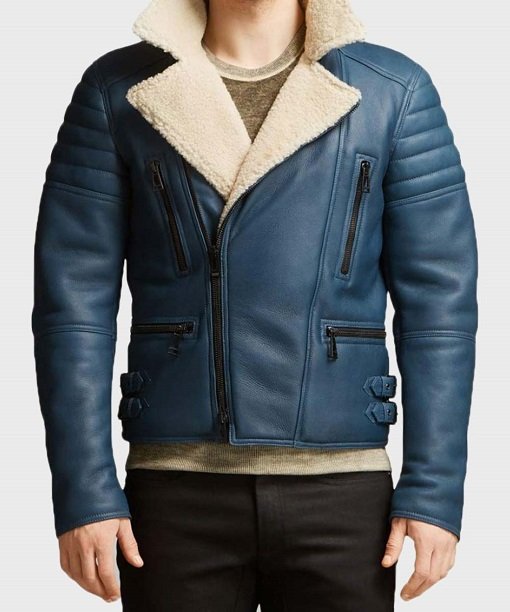 Mens Shearling Fur Blue Leather Jacket