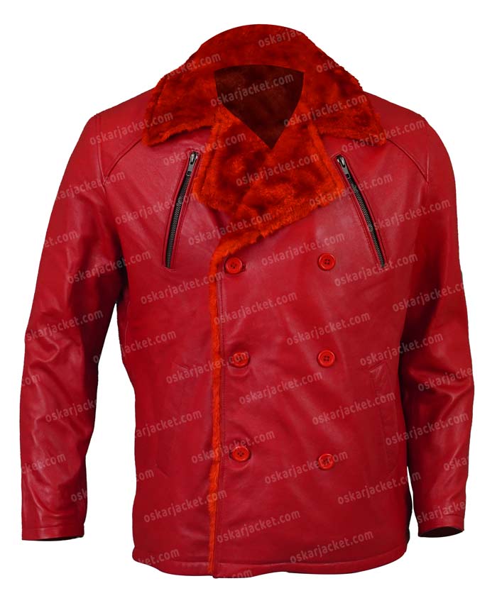 Mens Shearling Fur Red Leather Jacket Front