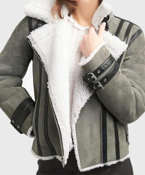 Women Soft Shearling Fur Collar Grey Jacket