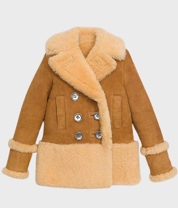 Womens Shearling Fur Brown Pea Coat
