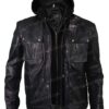 Mens Leather Detachable Hood Black Jacket