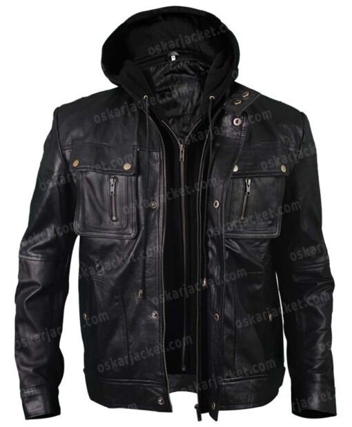 Mens Leather Detach Hood Black Jacket