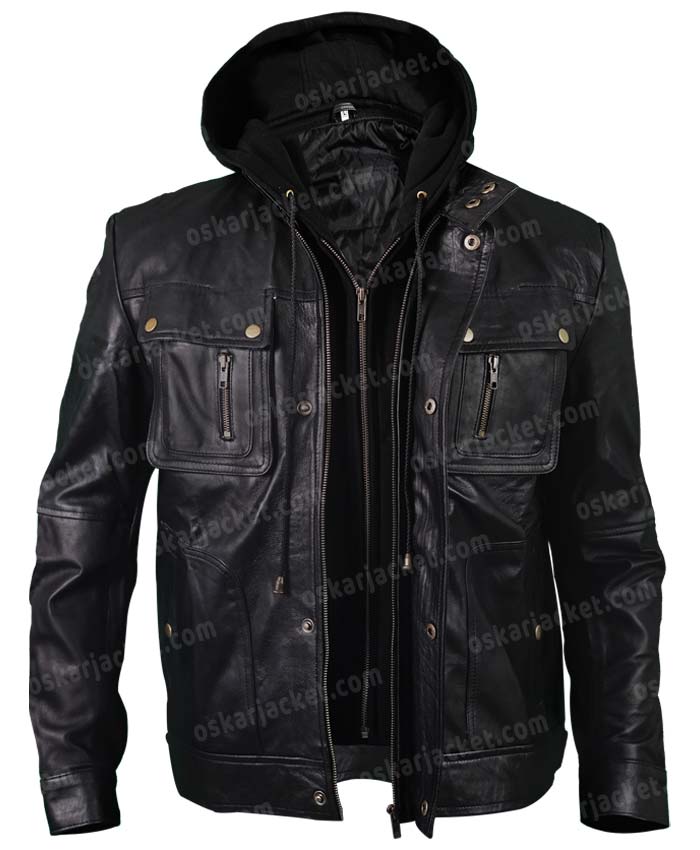 Mens Leather Detachable Hood Black Jacket