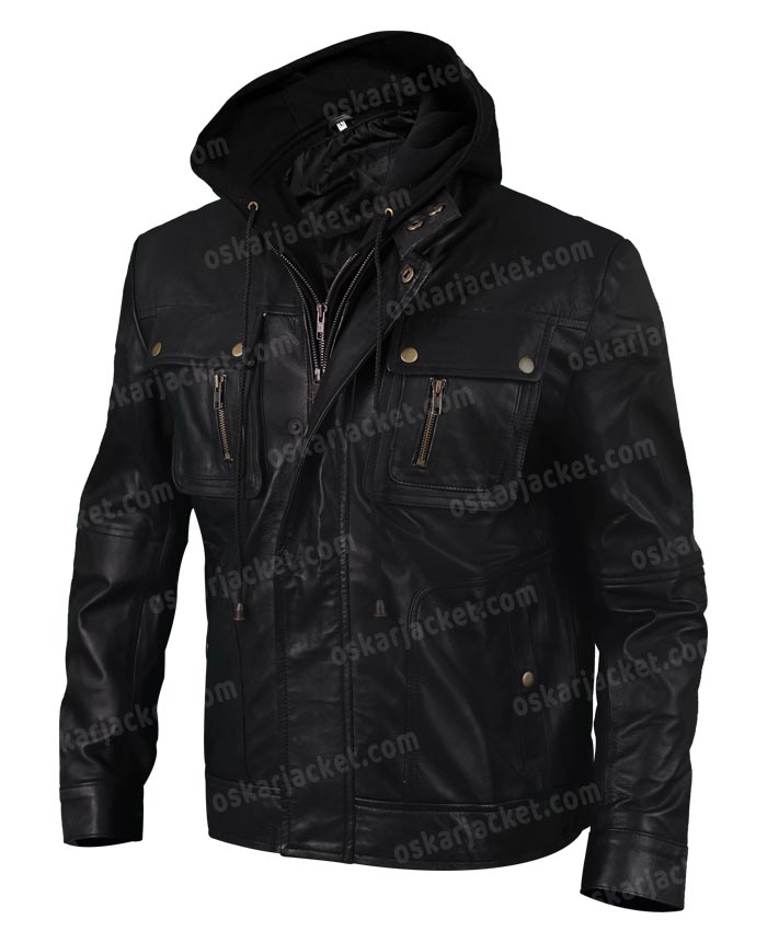 Mens Leather Hood Black Jacket