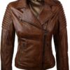 Woman Slim Fit Biker Vintage Brown Jacket
