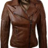 Woman Slim Fit Brown Jacket - Biker Real Leather Vintage Jacket