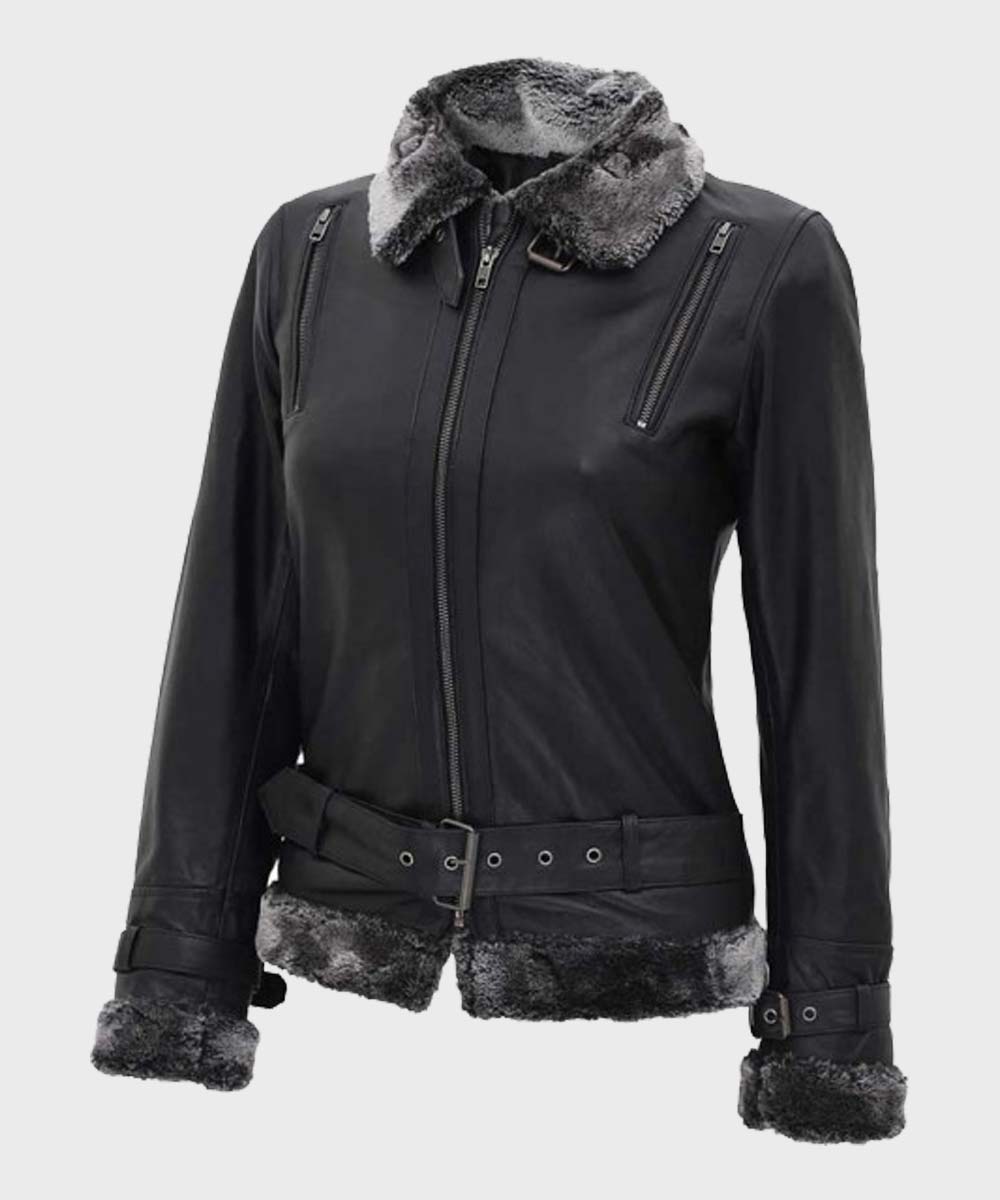 Womens Designer Shearling Black Jacket
