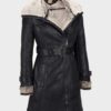 Womens Shearling Mid Length Leather Coat