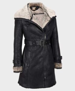Womens Shearling Mid Length Leather Coat