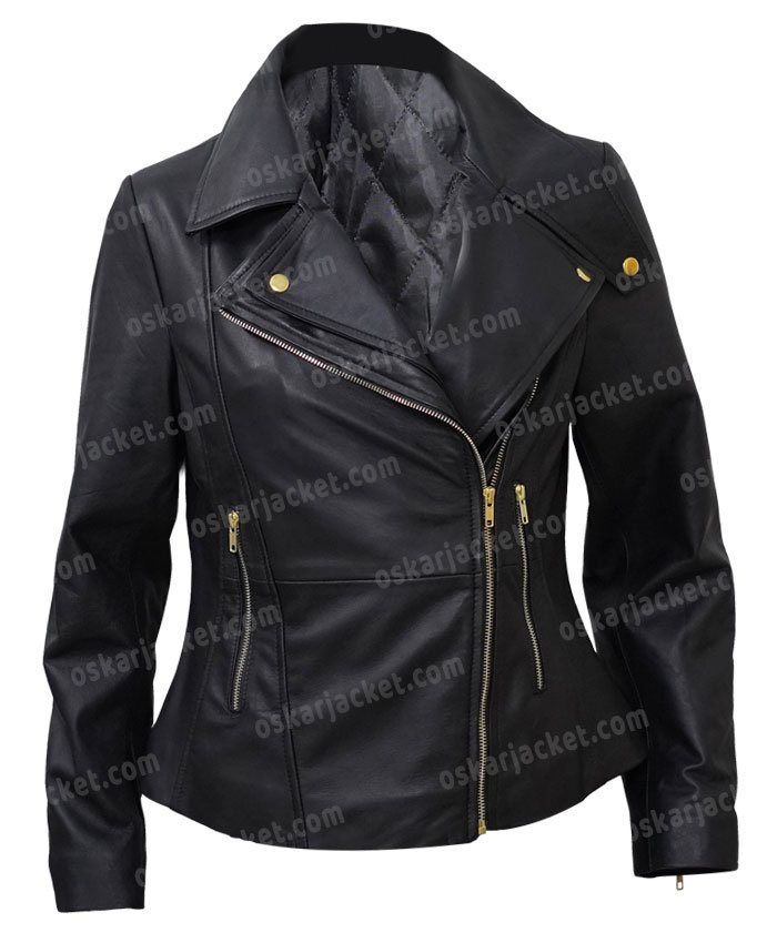 Womens Slim Fit Biker Style Motorcycle Black Leather Jacket