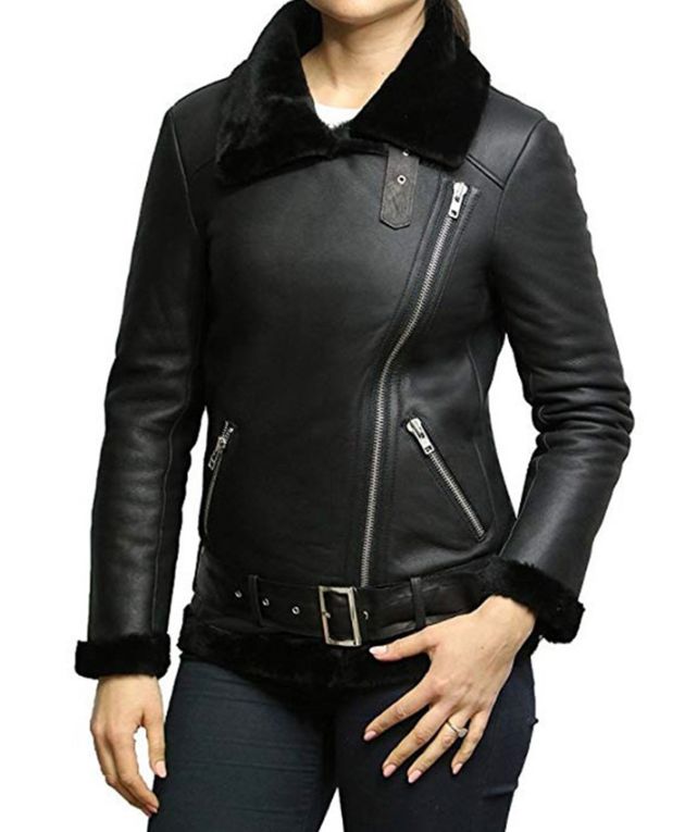 Shearling Fur Black Leather Jacket For Women