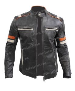Men’s Cafe Racer Biker Motorcycle Distress Black Leather Jacket Front Open