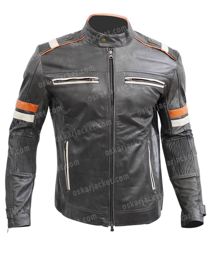 Men’s Cafe Racer Biker Motorcycle Distress Black Leather Jacket Front