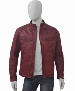 Men's Cafe Racer Distressed Maroon Leather Jacket Front Open