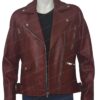 Women Biker Burgundy Genuine Leather Jacket Open Front