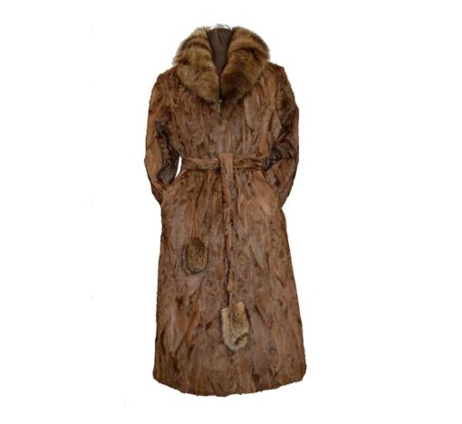 Womens Brown Karakul Fur Long Trench Coat