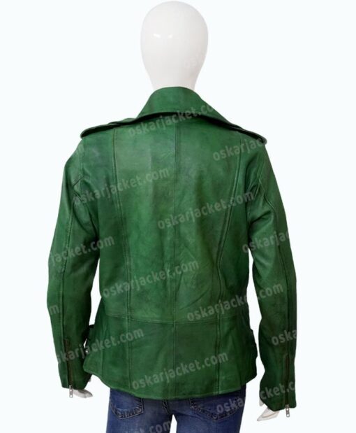 Womens Biker Green Lambskin Leather Jacket Back