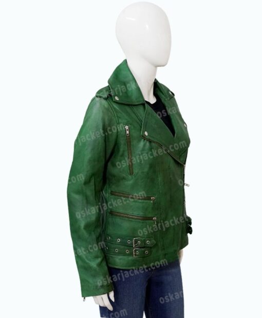 Womens Biker Green Lambskin Leather Jacket Right