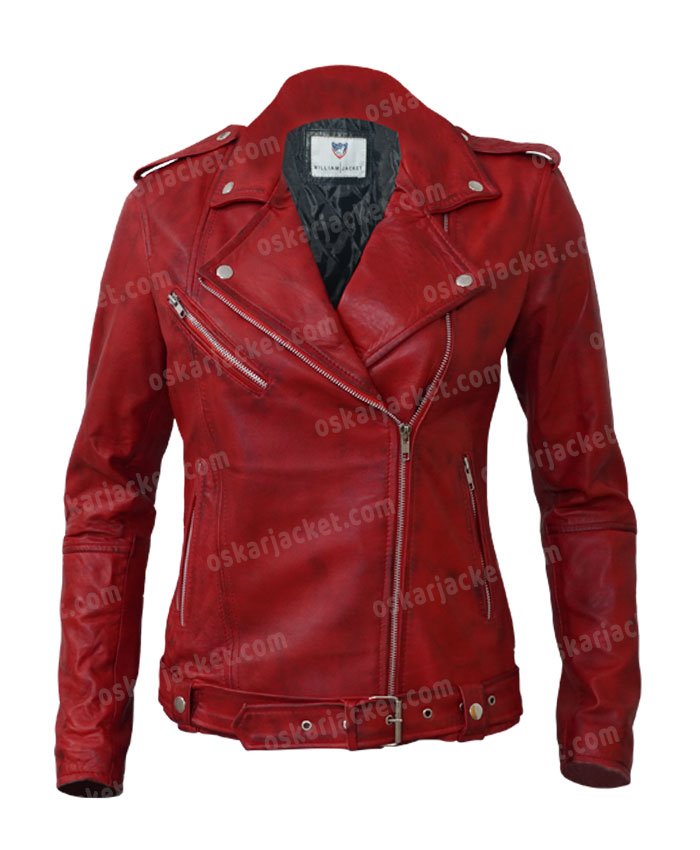 Womens Negan Red Biker Leather Jacket Front