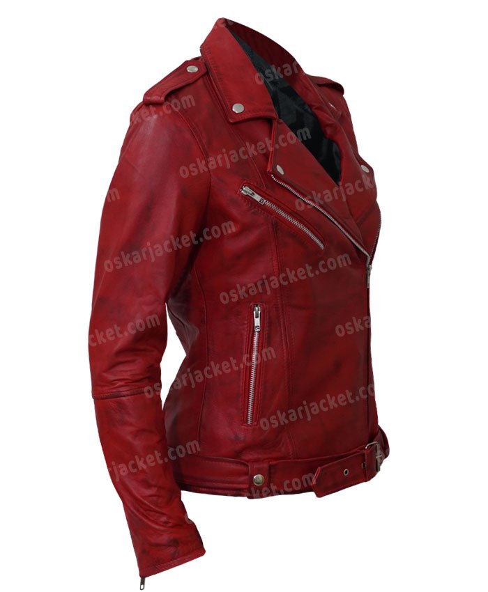Womens Negan Red Biker Leather Jacket Side