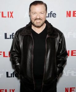 After Life Ricky Gervais Fur Collar Black Leather Jacket 2