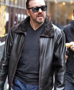 After Life Ricky Gervais Fur Collar Black Leather Jacket