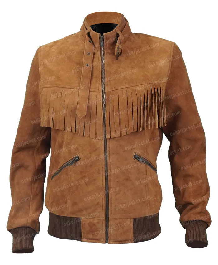 Good Girls Annie Marks Brown Fringe Suede Leather Jacket Front