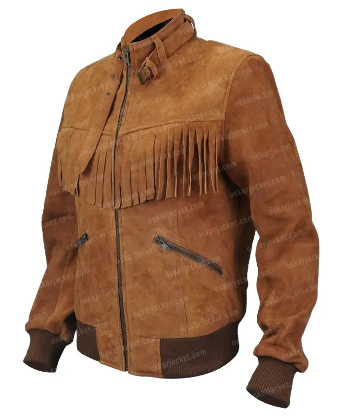 Good Girls Annie Marks Brown Fringe Suede Leather Jacket Side Image