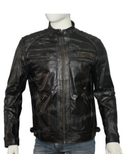 Mens Cafe Racer Black Quilted Shoulders Biker Leather Jacket