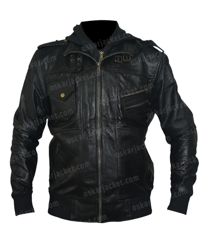 Mens Ferndale Real Leather Hooded Black Bomber Jacket Front