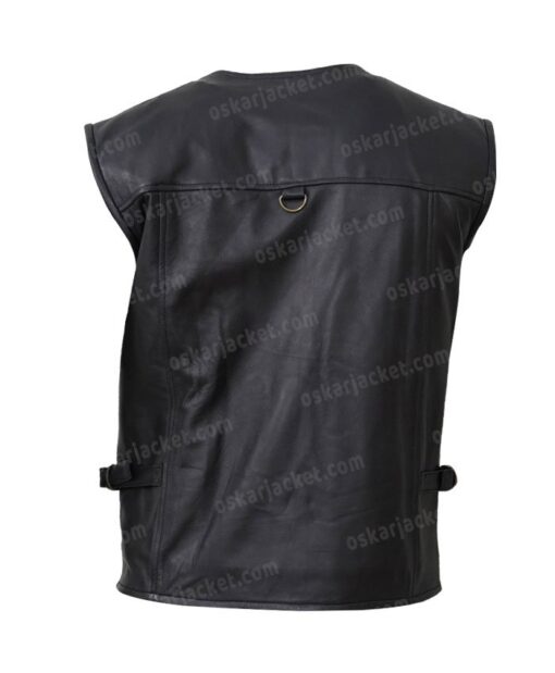 Men's Multi Pockets Black Leather Workwear Vest Back