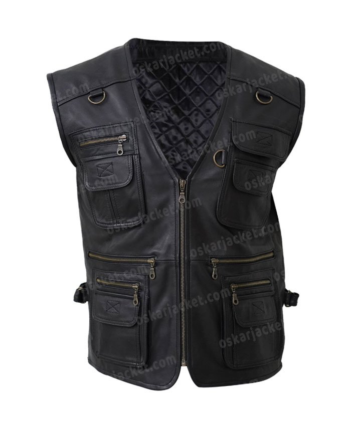 Men's Multi Pockets Black Leather Workwear Vest Front