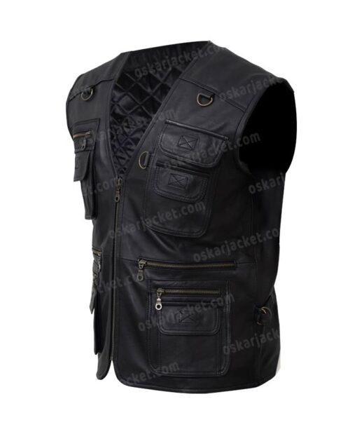 Men's Multi Pockets Black Leather Workwear Vest Left