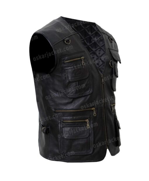 Men's Multi Pockets Black Leather Workwear Vest Right