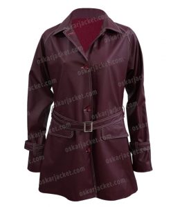 Only Murders in the Building Mabel Mora Maroon Leather Coat Front
