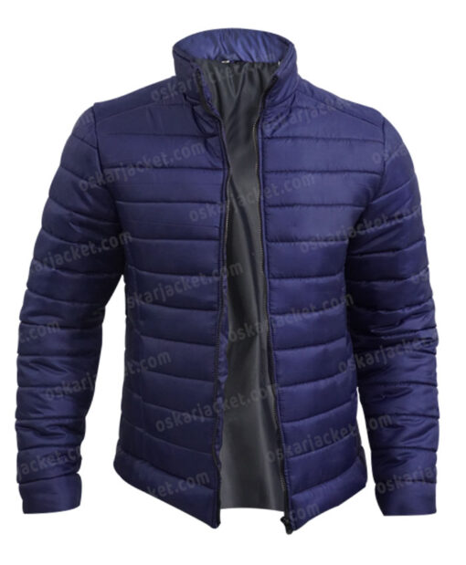 Ted Lasso Jason Sudeikis Navy Blue Puffer Jacket Front Open