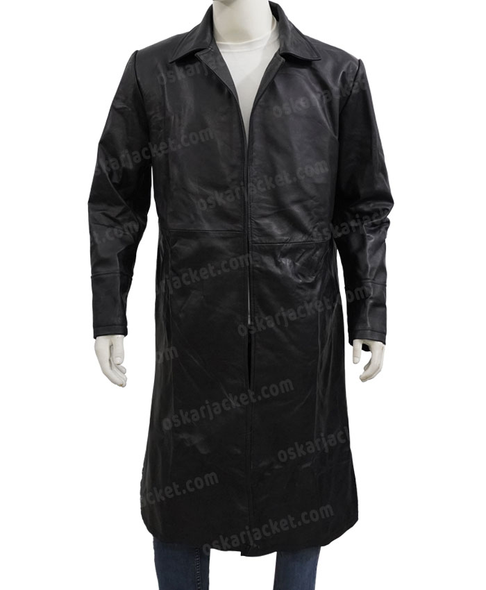 The Matrix Neo Black Leather Duster Coat Front