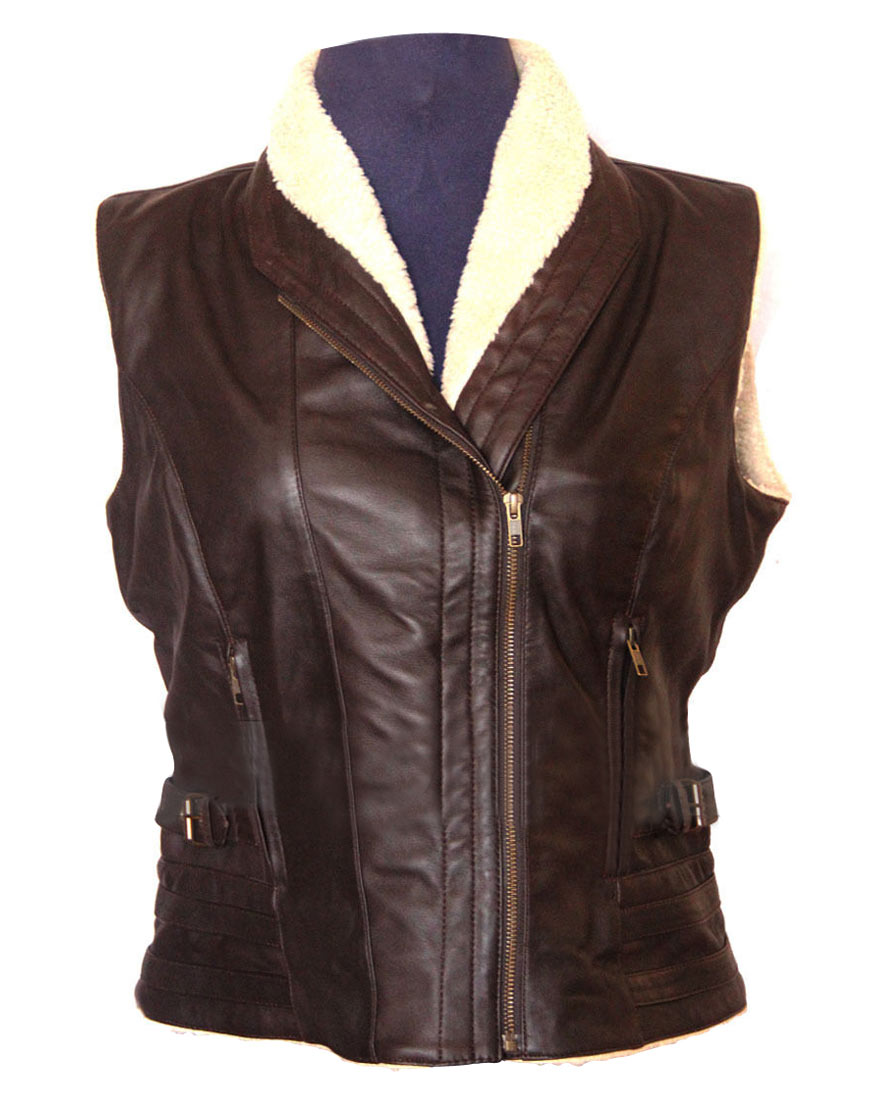 The Walking Dead Andrea Brown Leather Fur Vest Front