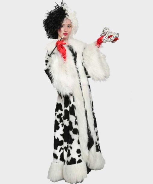 Cruella 2021 Emma Stone Black Dot White Fur Coat