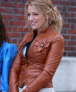 Gossip Girl Blake Lively Brown Leather Jacket Side