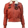 Women Top Gun Fur Collar Orange Satin Bomber Jacket
