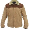 Yellowstone S03 Ep8 Kevin Costner Beige and Brown Leather Jacket Cloase Front