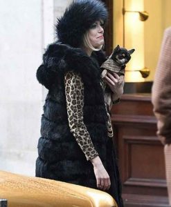 Emma Stone Cruella 2021 Black Hooded Fur Coat Side