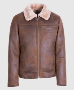 Mens Aviator Shearling Comfort Sheepskin Brown Leather Jacket Front