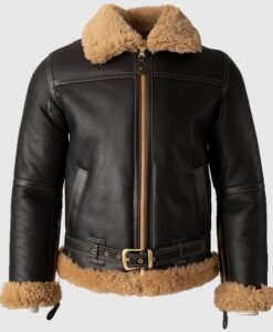 Mens Battle B3 Bomber Shearling Fur Black Leather Jacket