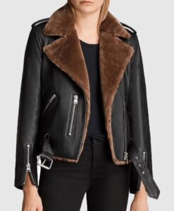 Women Aviator Shearling Fur Slim Fit Leather Biker Jacket Front