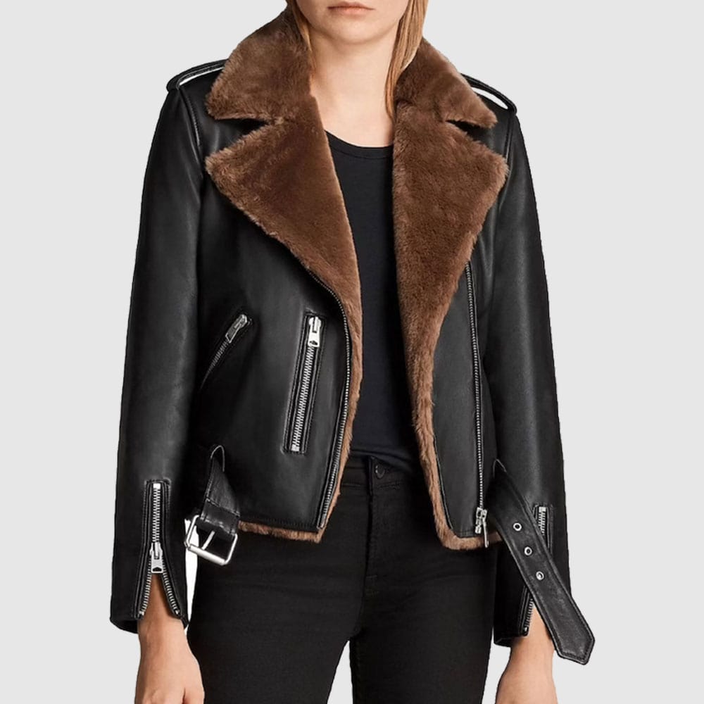 Women Aviator Shearling Fur Slim Fit Leather Biker Jacket Front