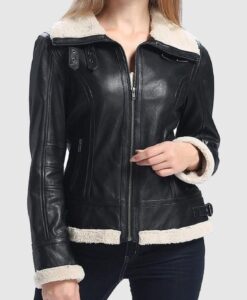 Women B3 Bomber Black Sheepskin Shearling Leather Jacket Front