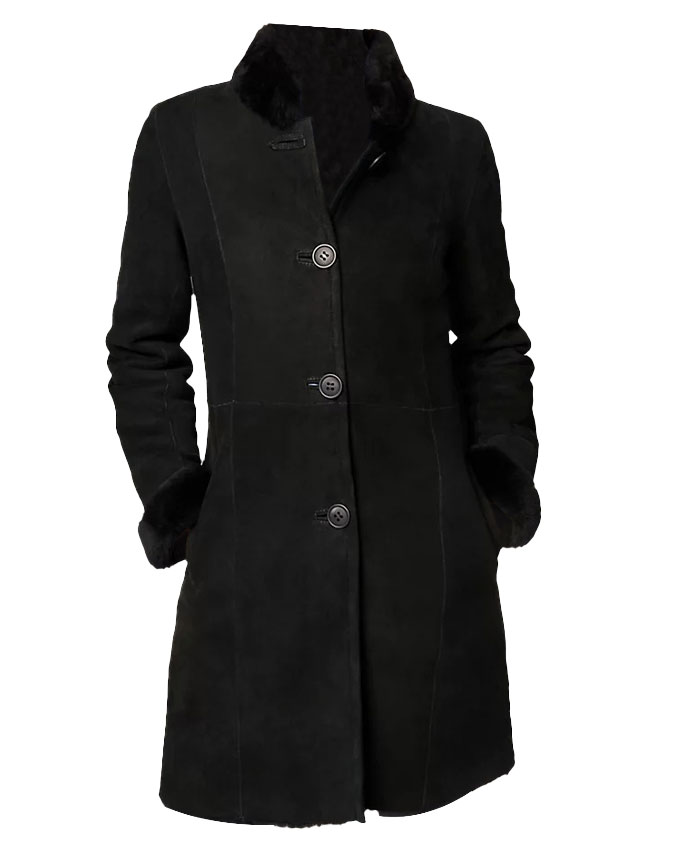 Women Black Shearling Real Leather Long Coat Front